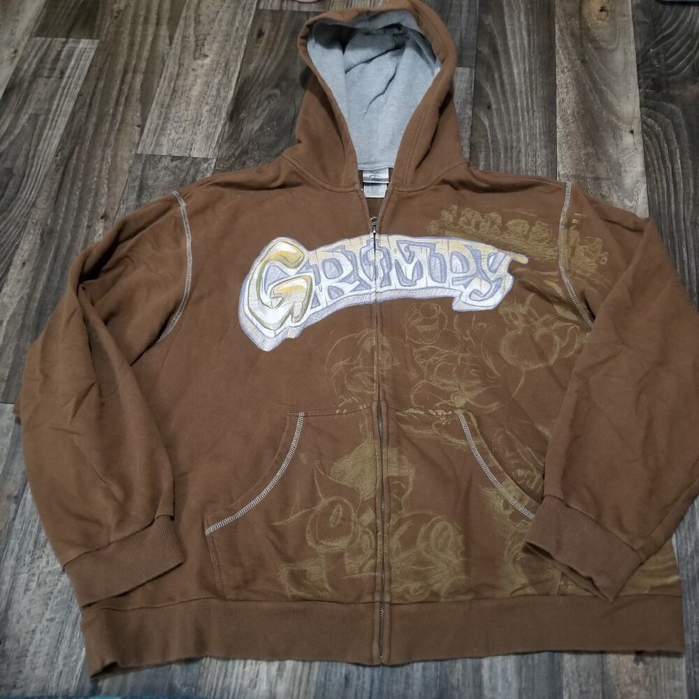 Disney Studio Collection Grumpy Hoodie Size XL Sweatshirt Brown Full Zip Y2k